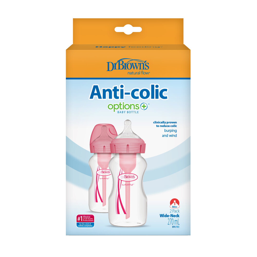 Dr. Brown's Options+ Anti-colic Bottle 2-pack | Biberon à col large rose 270 ml – Image 2